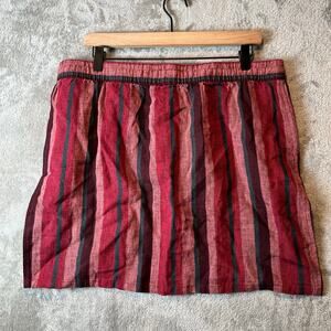 Garnet Hill Easy‎ Linen Pull On Skirt Large Red Teal Striped EUROPEAN FLAX New